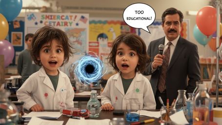 In a vibrant, cinematic photograph rendered in a hyper-realistic, Pixar-inspired style, a dynamic science fair duo unwittingl