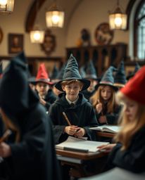This high-resolution stock photo captures the enchanting atmosphere of a magical school teeming with young wizards. The image