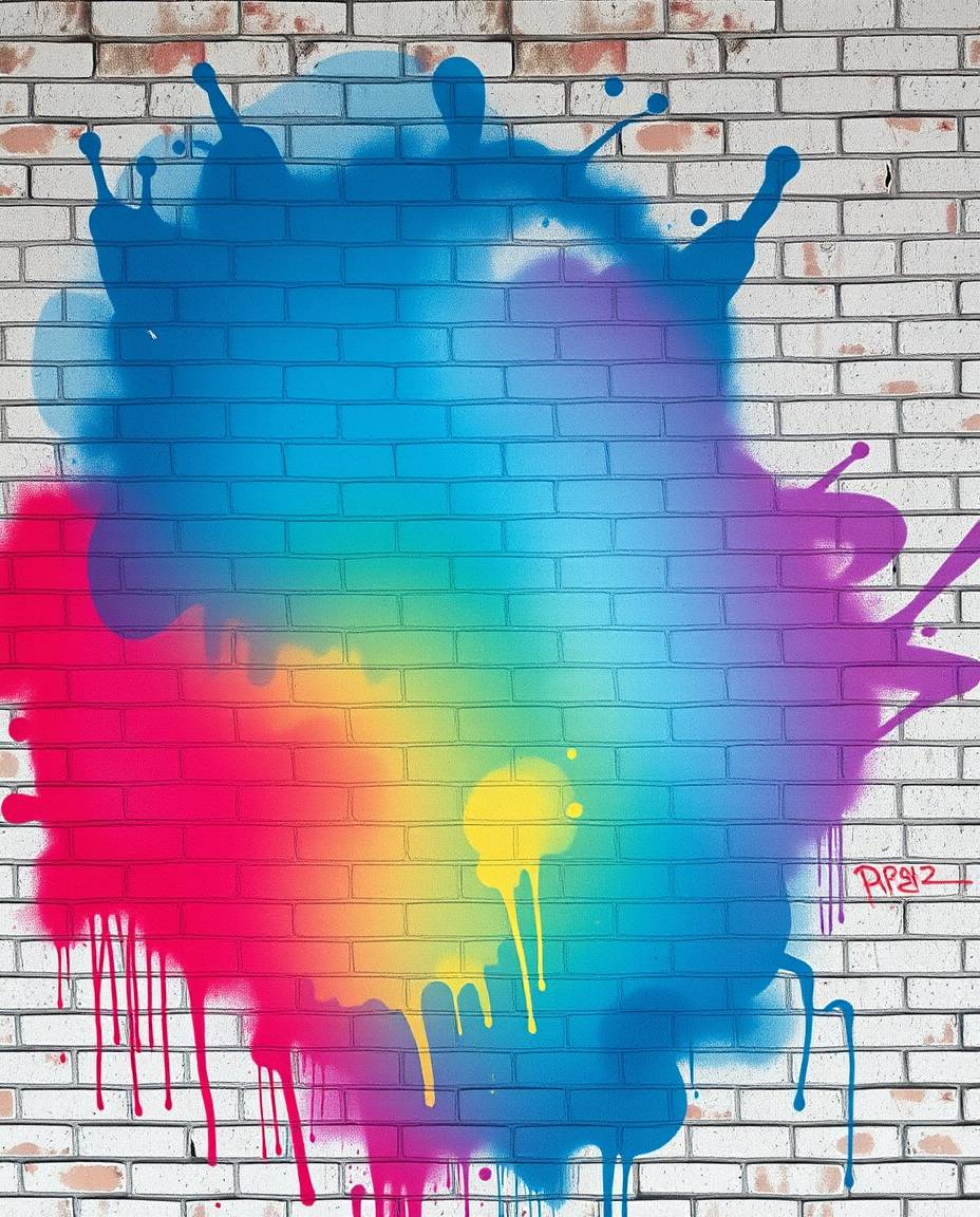 A stunning overhead shot showcases a vibrant array of graffiti splashes seamlessly blended on a textured brick wall.  This ca