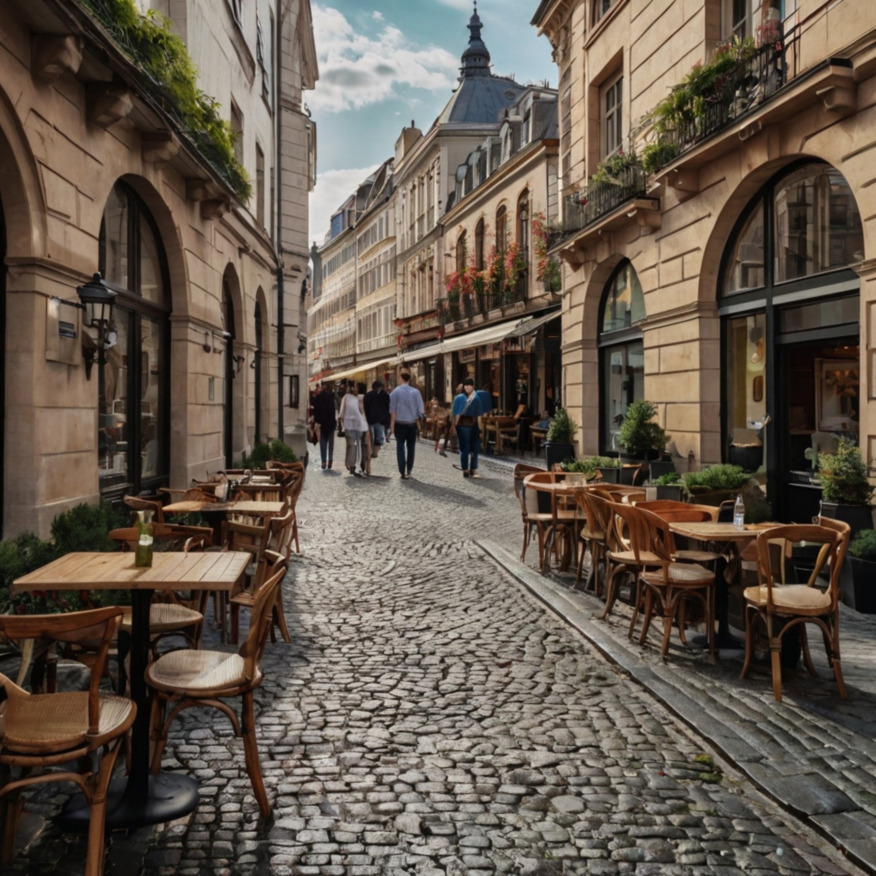 Capture the vibrant energy of a bustling European city street.  Narrow cobblestone roads wind through the scene, lined with c