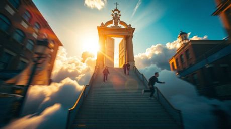 Capture the ethereal beauty of a heavenly gate floating above the clouds in an urban landscape. This candid street photograph