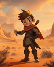 Embark on a thrilling Disney-style desert adventure with a brave hero in a modern future setting. This grand epic scene featu