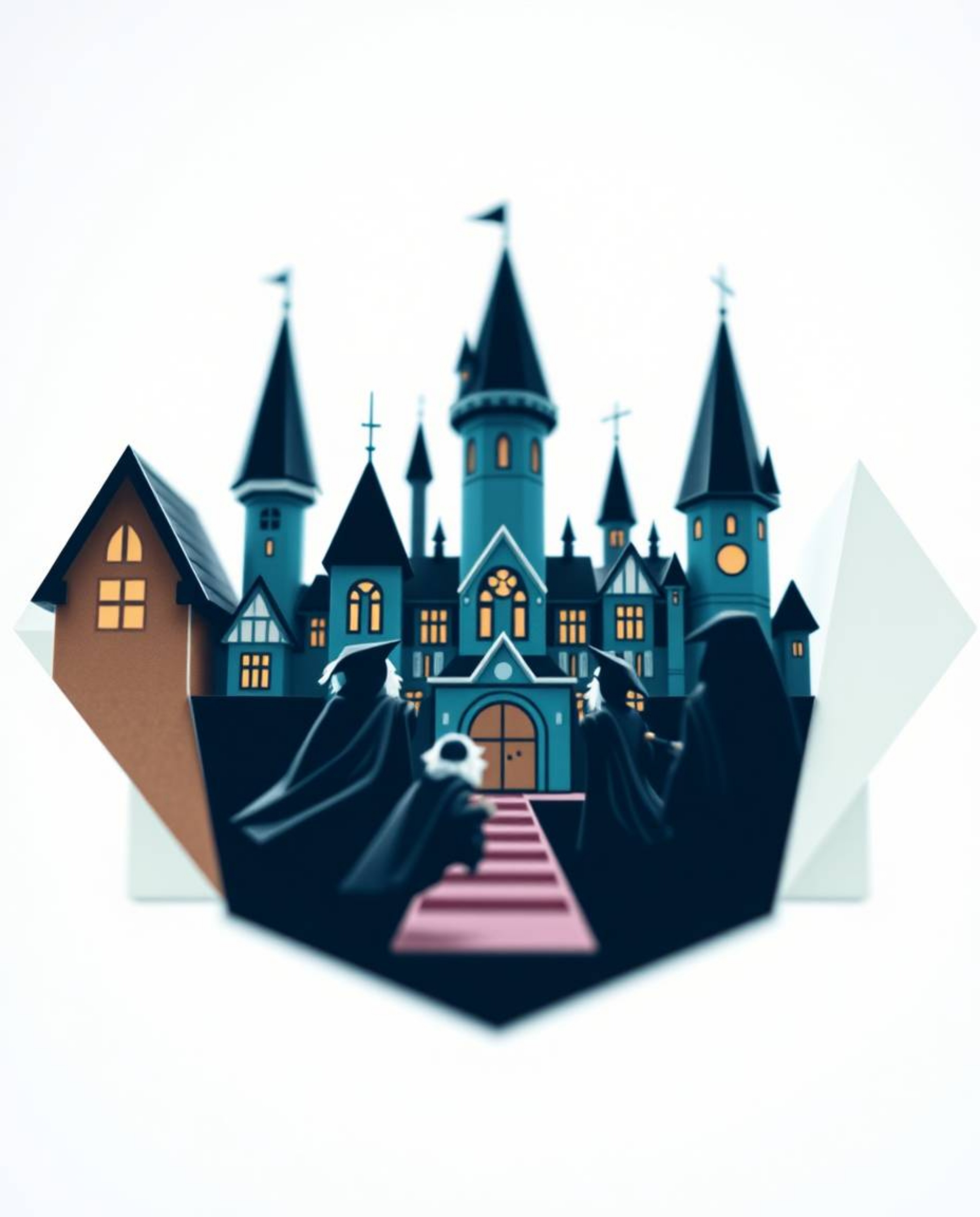 A captivating logo design featuring an extreme macro close-up of geometric shapes and clean lines, depicting a magical school