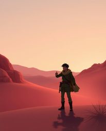 A brave hero embarks on a thrilling Disney-style desert adventure, bathed in soft pastel colors and dramatic, high-contrast l