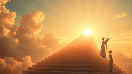 A warm golden hour bathes a graceful scene where steps of light ascend into a cloudy sky. Angelic figures with refined featur