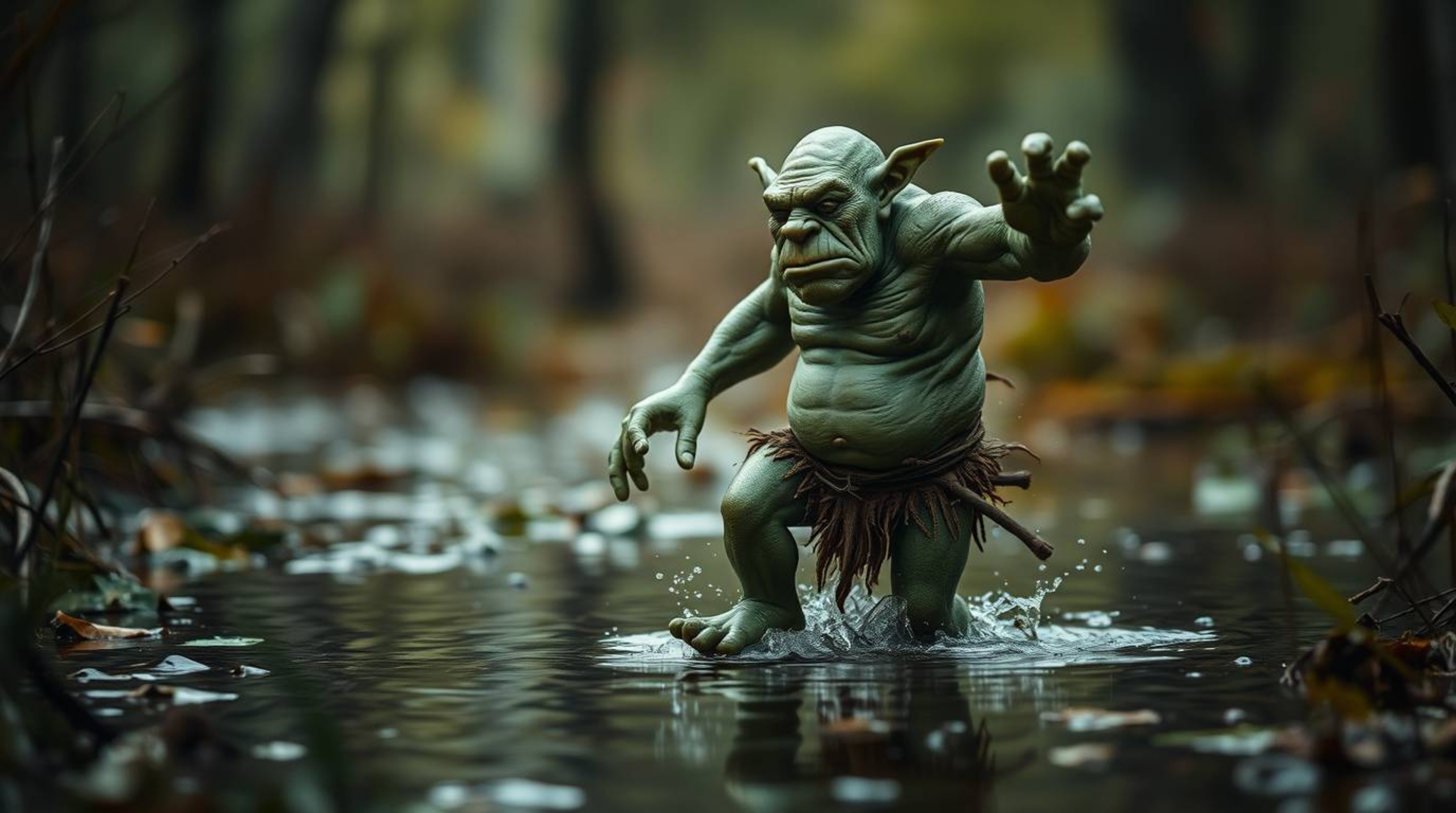 A captivating image of an ogre sharply in focus, dancing gracefully within a mystical swamp.  The blurred bokeh effect create