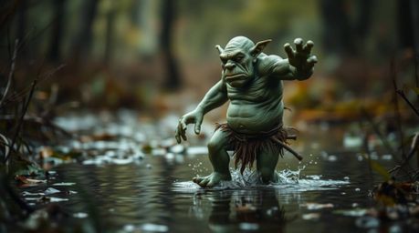 A captivating image of an ogre sharply in focus, dancing gracefully within a mystical swamp.  The blurred bokeh effect create