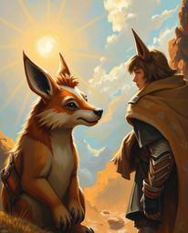 A captivating oil painting depicts a talking animal sidekick assisting a hero on their epic quest.  Bathed in a warm, golden 