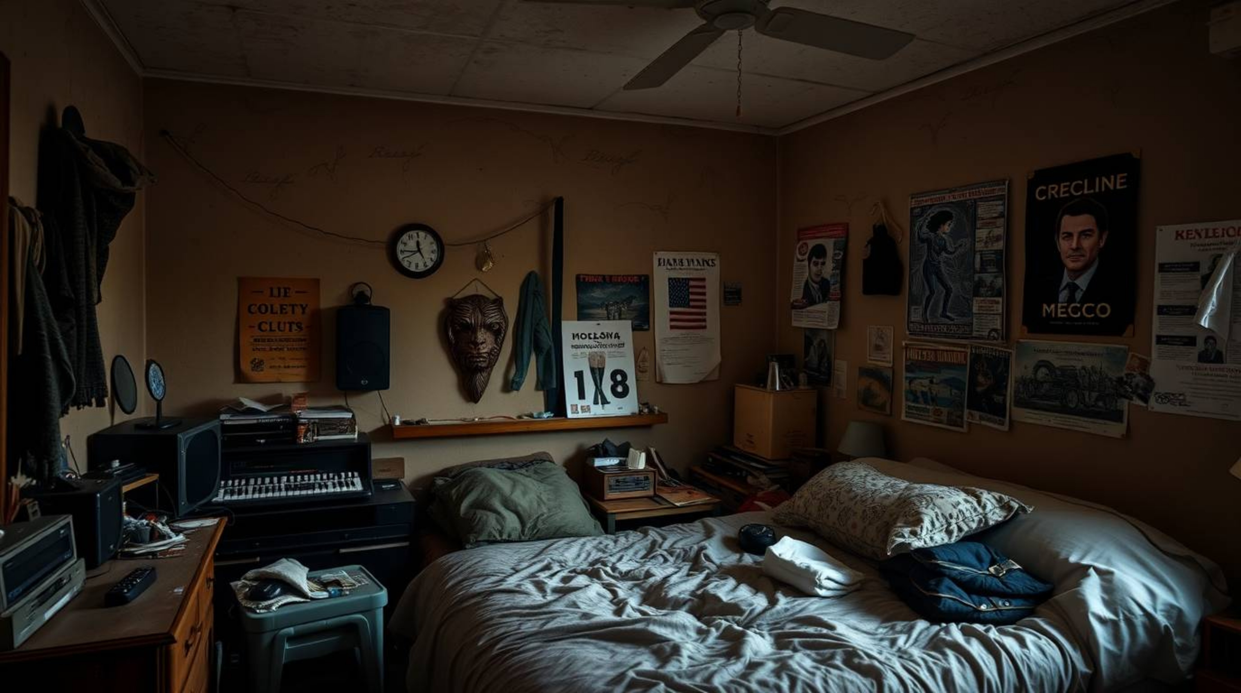 Discover a captivating image of a messy bedroom bathed in chiaroscuro lighting.  Natural earth tones, browns, and beiges crea