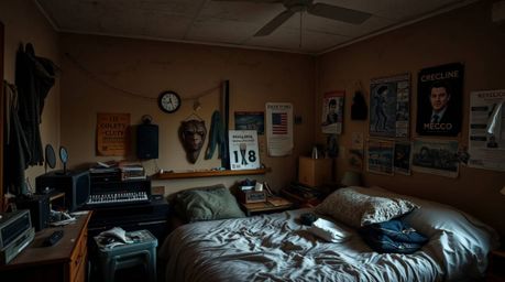 Discover a captivating image of a messy bedroom bathed in chiaroscuro lighting.  Natural earth tones, browns, and beiges crea
