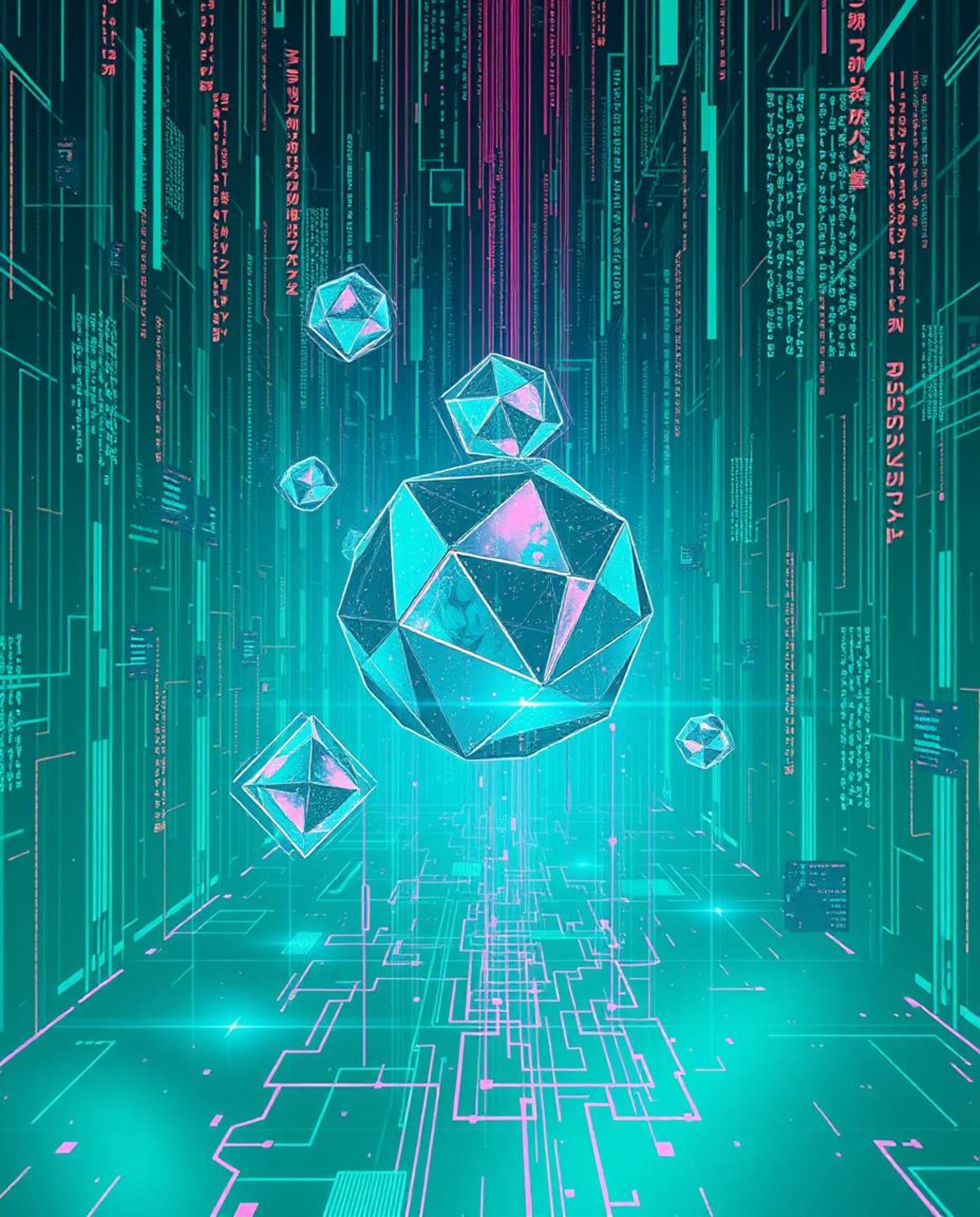 A captivating image showcases luxurious, vibrant glitched geometric shapes floating in a teal-toned cyberspace, reminiscent o