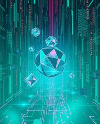 A captivating image showcases luxurious, vibrant glitched geometric shapes floating in a teal-toned cyberspace, reminiscent o
