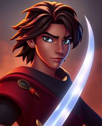 Experience a captivating Disney-style desert adventure featuring a brave hero bathed in rich burgundy and deep blue volumetri