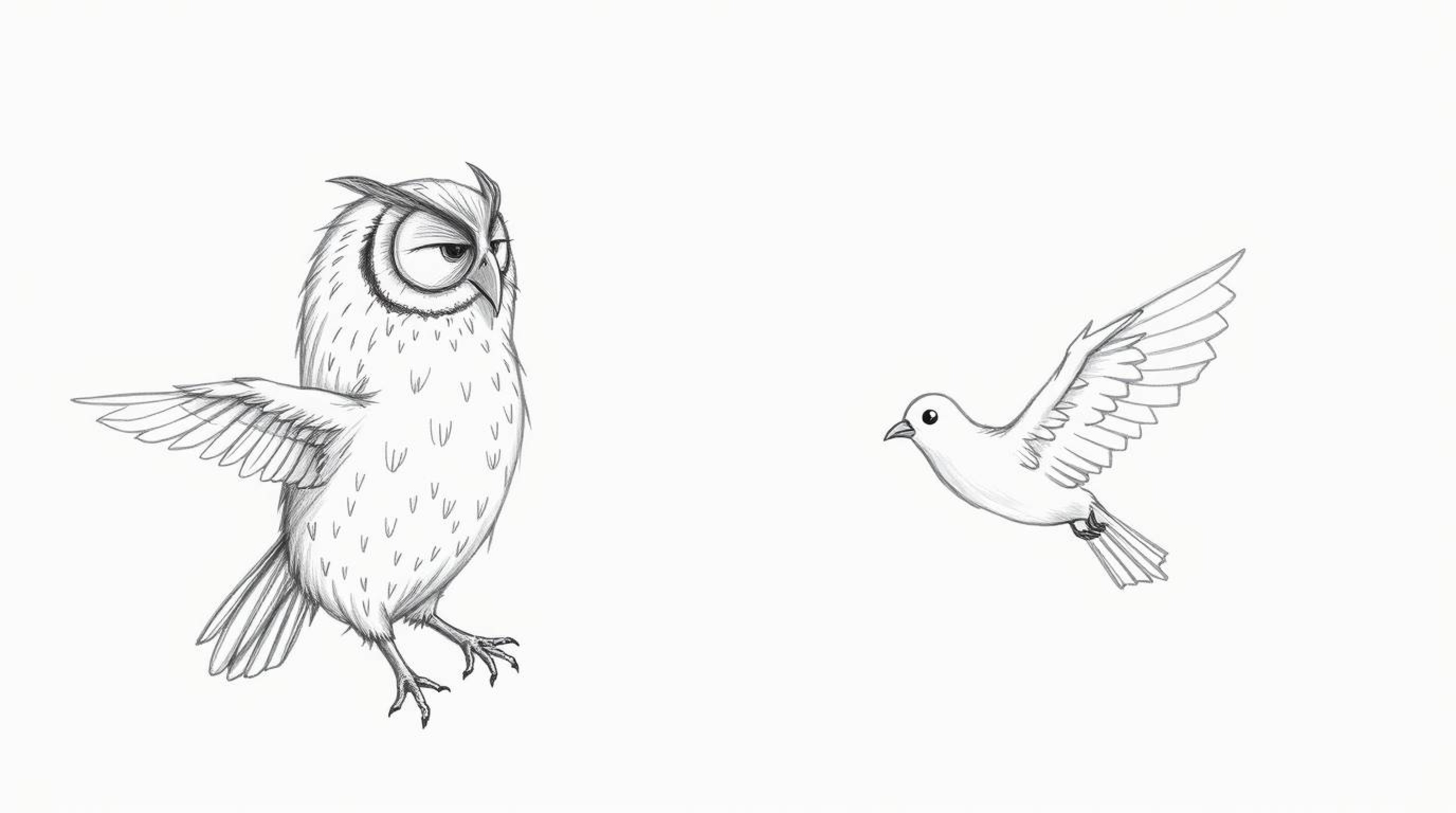 A heartwarming hand-drawn pencil sketch in a Pixar style depicts a blind owl teaching birds how to fly. The artwork emphasize