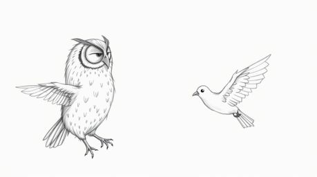 A heartwarming hand-drawn pencil sketch in a Pixar style depicts a blind owl teaching birds how to fly. The artwork emphasize