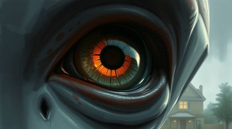 This image presents an extreme macro close-up digital sketch of an alien's eye featuring three pupils, incongruously residing