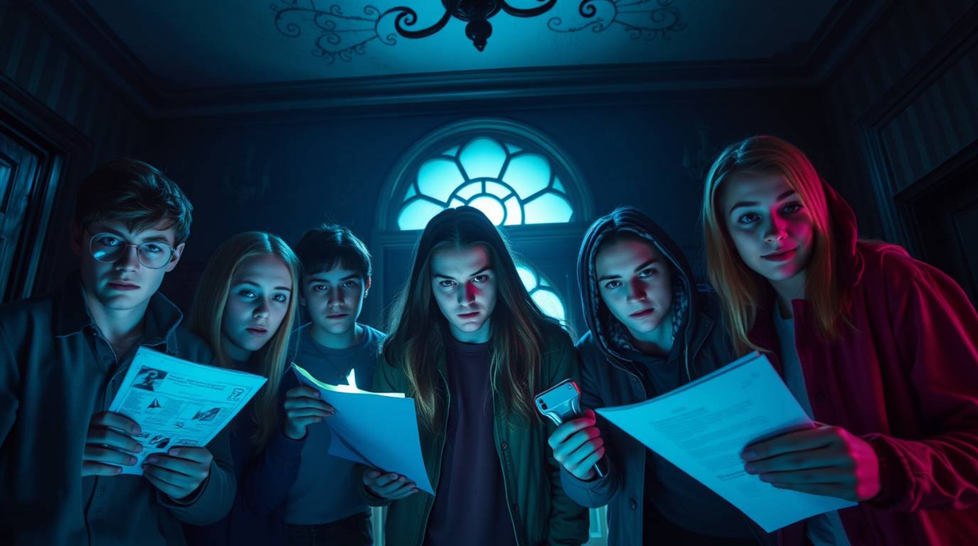 A film-like composition capturing a group of teens engrossed in solving mysteries within a chilling haunted mansion setting. 