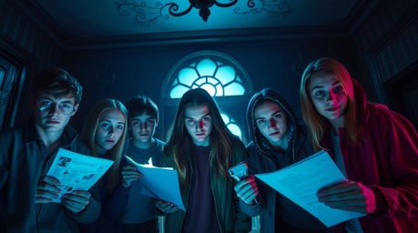 A film-like composition capturing a group of teens engrossed in solving mysteries within a chilling haunted mansion setting. 