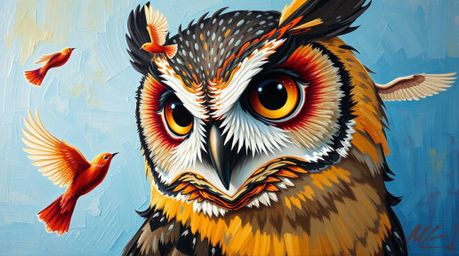This artwork features a captivating, close-up view of a blind owl, rendered in a bold and vibrant acrylic painting reminiscen
