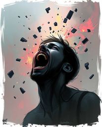 A captivating digital sketch depicts a person screaming as the world around them dramatically breaks apart into vibrant pixel