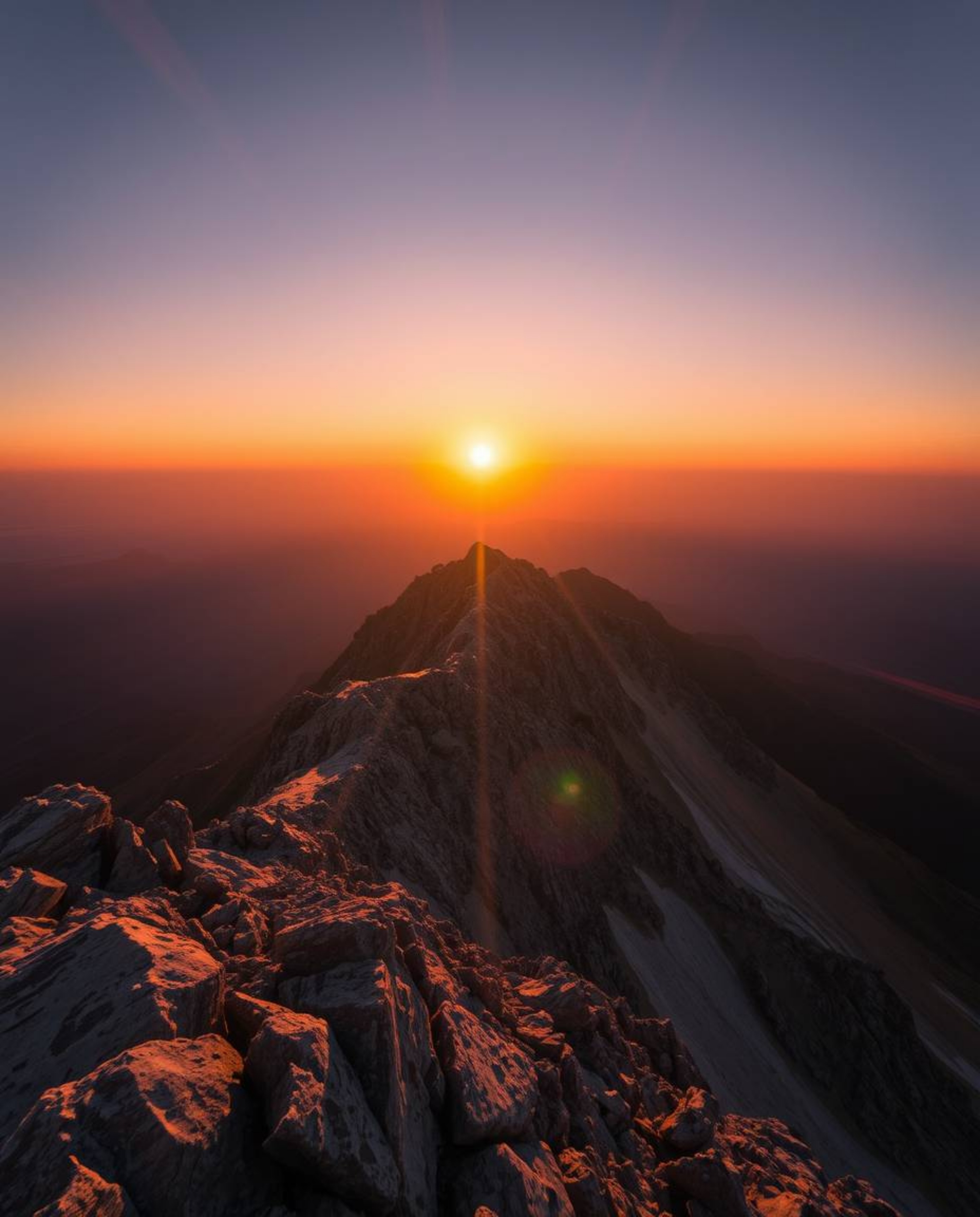 This is a long exposure photograph of a high-alpine peak sunset, characterized by a bright lens flare and captivating light s