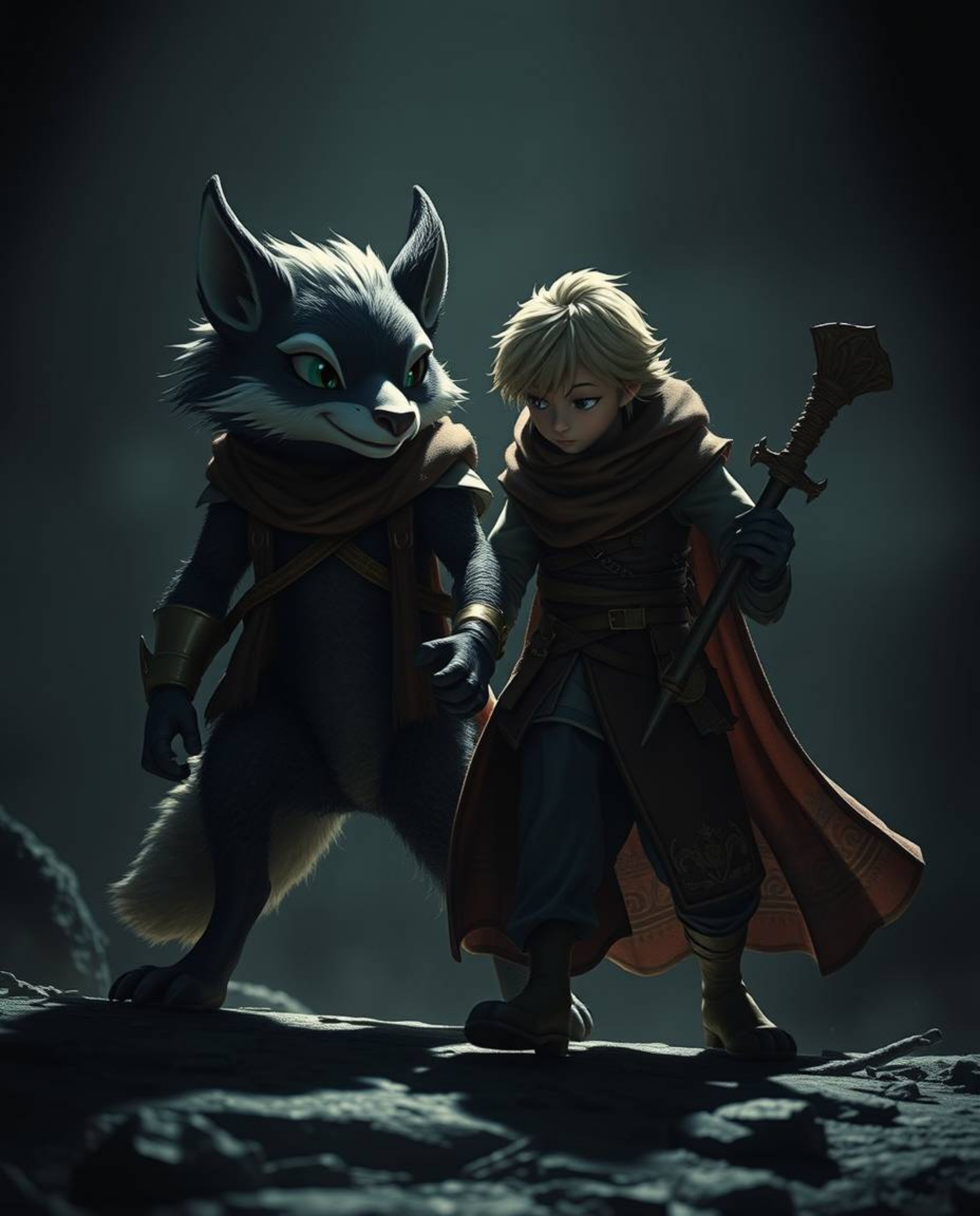 Embark on a captivating adventure with a photorealistic talking animal sidekick aiding a hero on their journey. This image fe