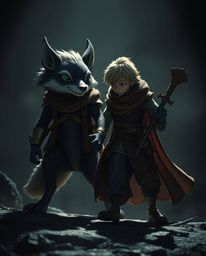 Embark on a captivating adventure with a photorealistic talking animal sidekick aiding a hero on their journey. This image fe
