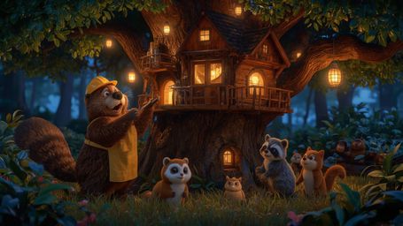 A high-resolution, warmly lit stock photo of a beaver with expressive, Pixar-esque features, wearing a tiny carpenter's apron