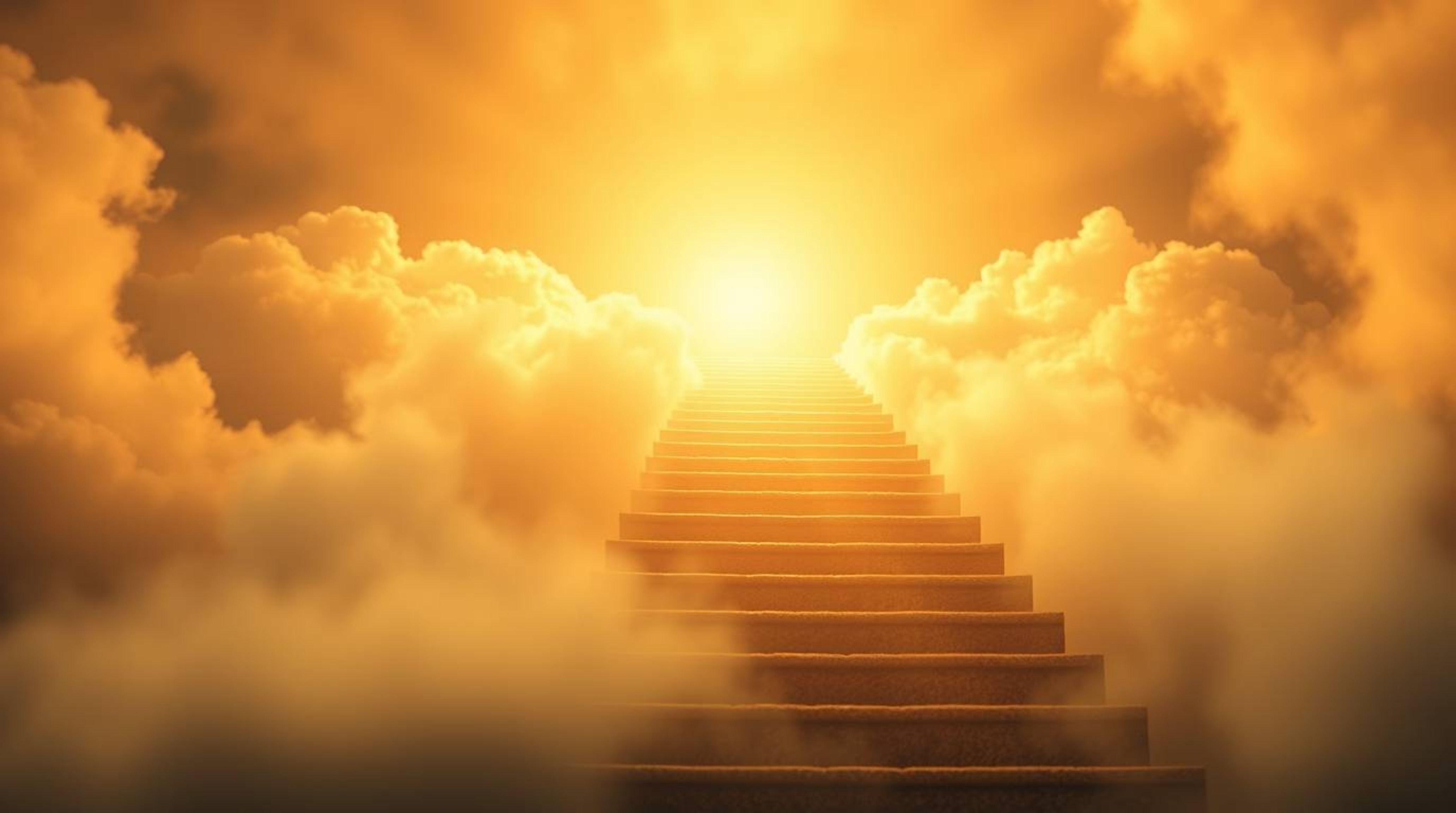 A warm, cinematic image depicting a golden staircase ascending through soft, hazy clouds into a glowing heaven. The autumn co