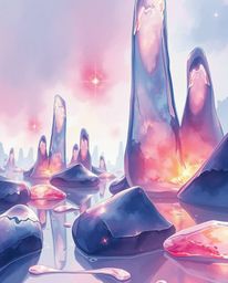 A delicate watercolor painting depicting a grand, epic scene with surreal 3D fluid shapes resembling melted glass in a hyperr