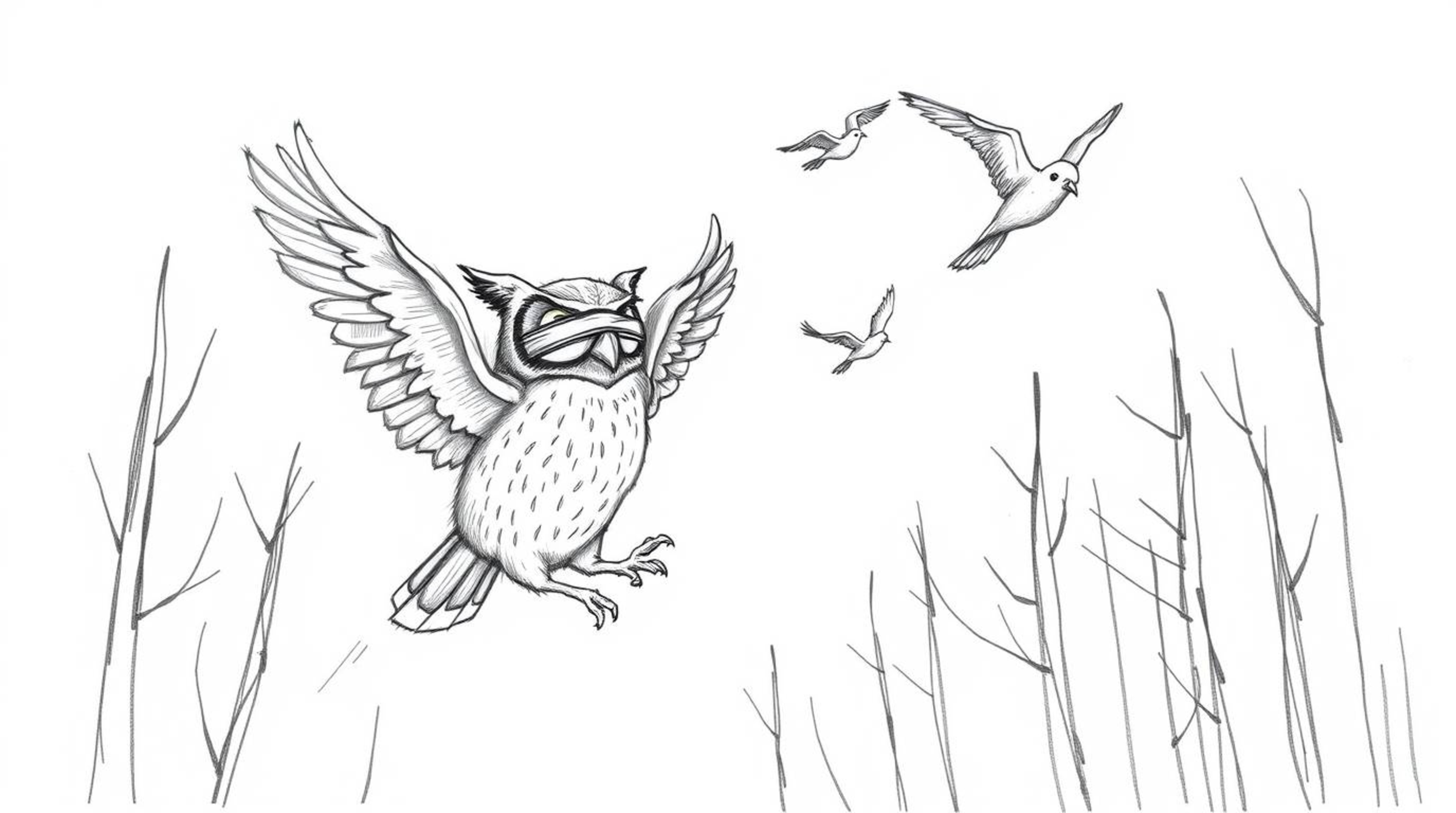 A charming hand-drawn sketch depicts a blind owl, rendered in the style of Pixar, guiding birds in flight through a cinematic