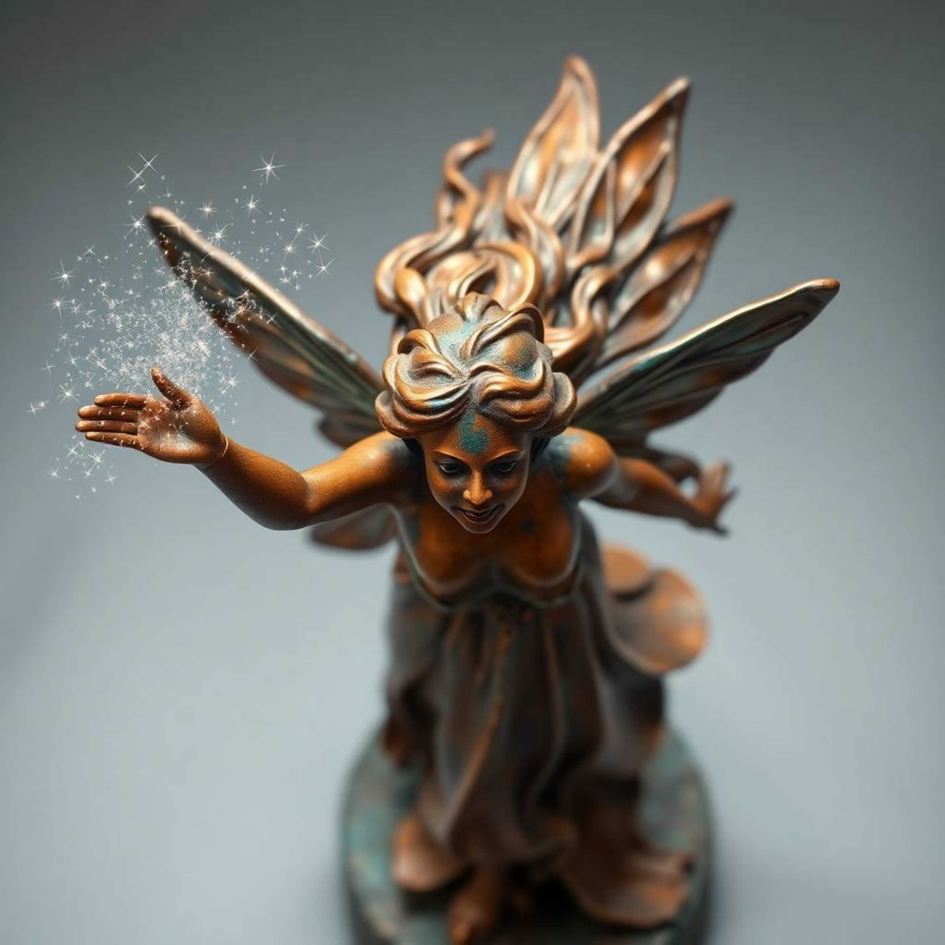 This cast bronze sculpture presents a captivating bird's-eye view, showcasing a warm terracotta and cool teal patina with an 