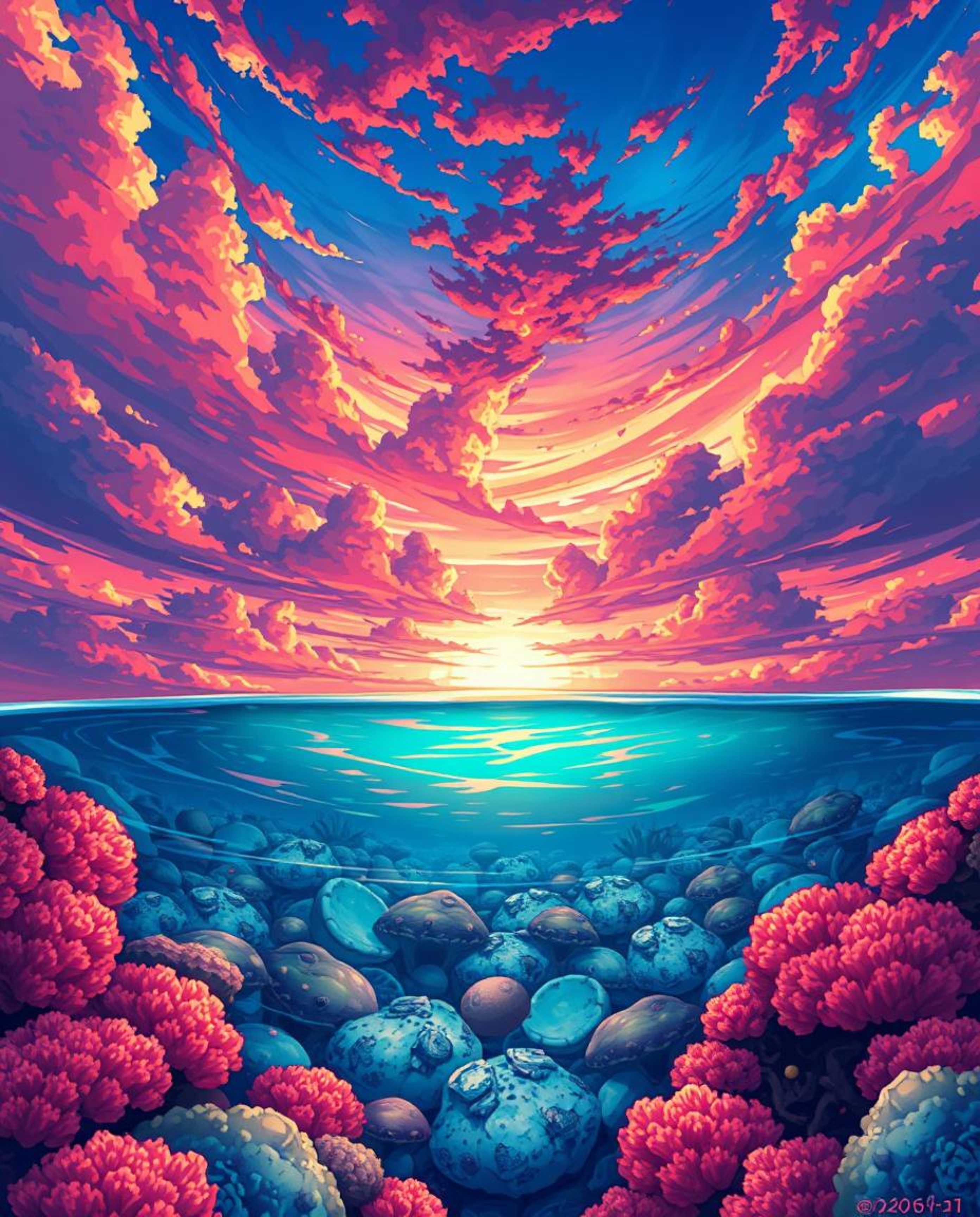 An Isekai anime style illustration captures a lively and energetic scene of a colorful sky over a coral reef at low tide. The