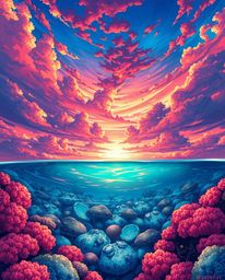 An Isekai anime style illustration captures a lively and energetic scene of a colorful sky over a coral reef at low tide. The