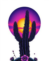 A symbolic traditional tattoo art print featuring a desert cactus glowing in the last rays of the sun. This design is rendere