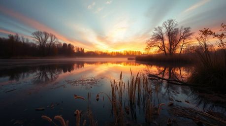 Experience the serene beauty of a calm pond mirroring a vibrant autumn sunset. This collection evokes a cinematic and dreamli
