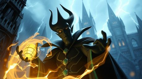 A classic Disney villain, rendered in a modern, futuristic style, casts a spell within a grand castle during a dramatic storm