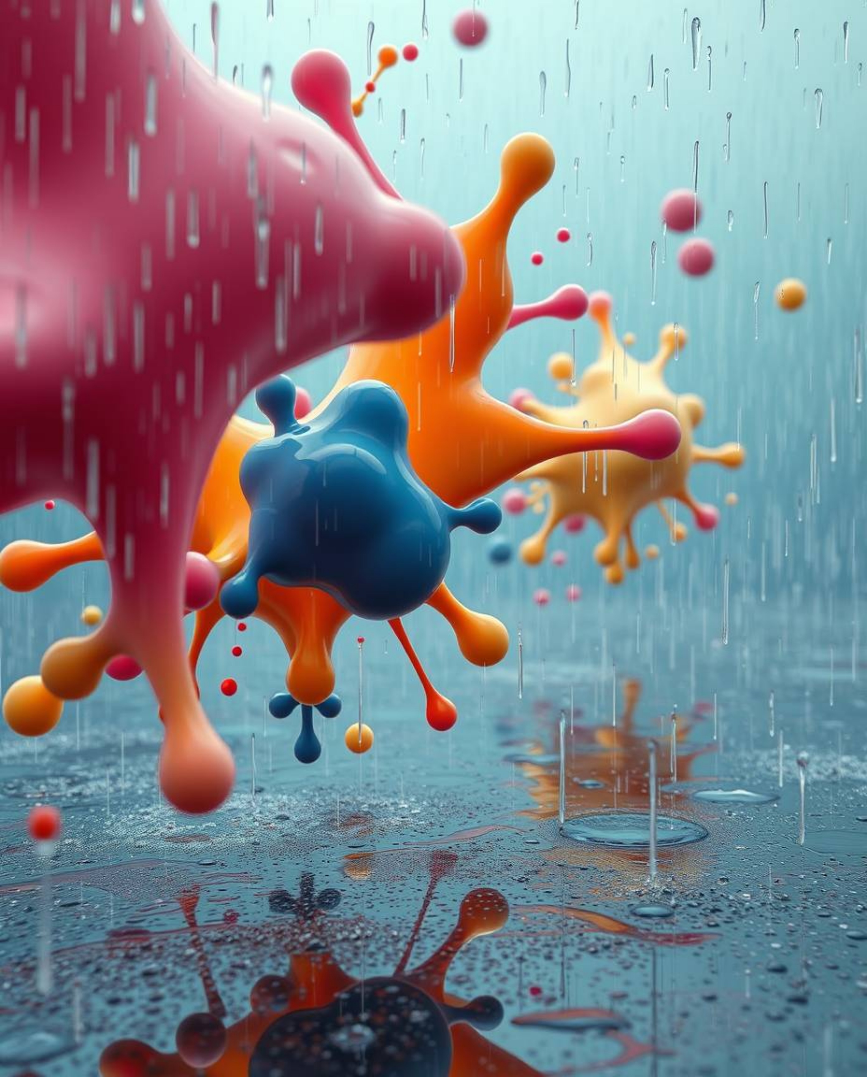 Explore a dreamlike realm of surreal imagery featuring a wet, rainy scene where abstract 3D colorful splash shapes float ethe