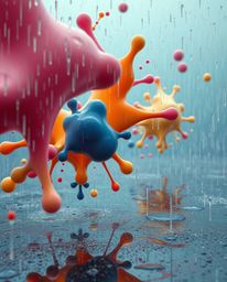 Explore a dreamlike realm of surreal imagery featuring a wet, rainy scene where abstract 3D colorful splash shapes float ethe