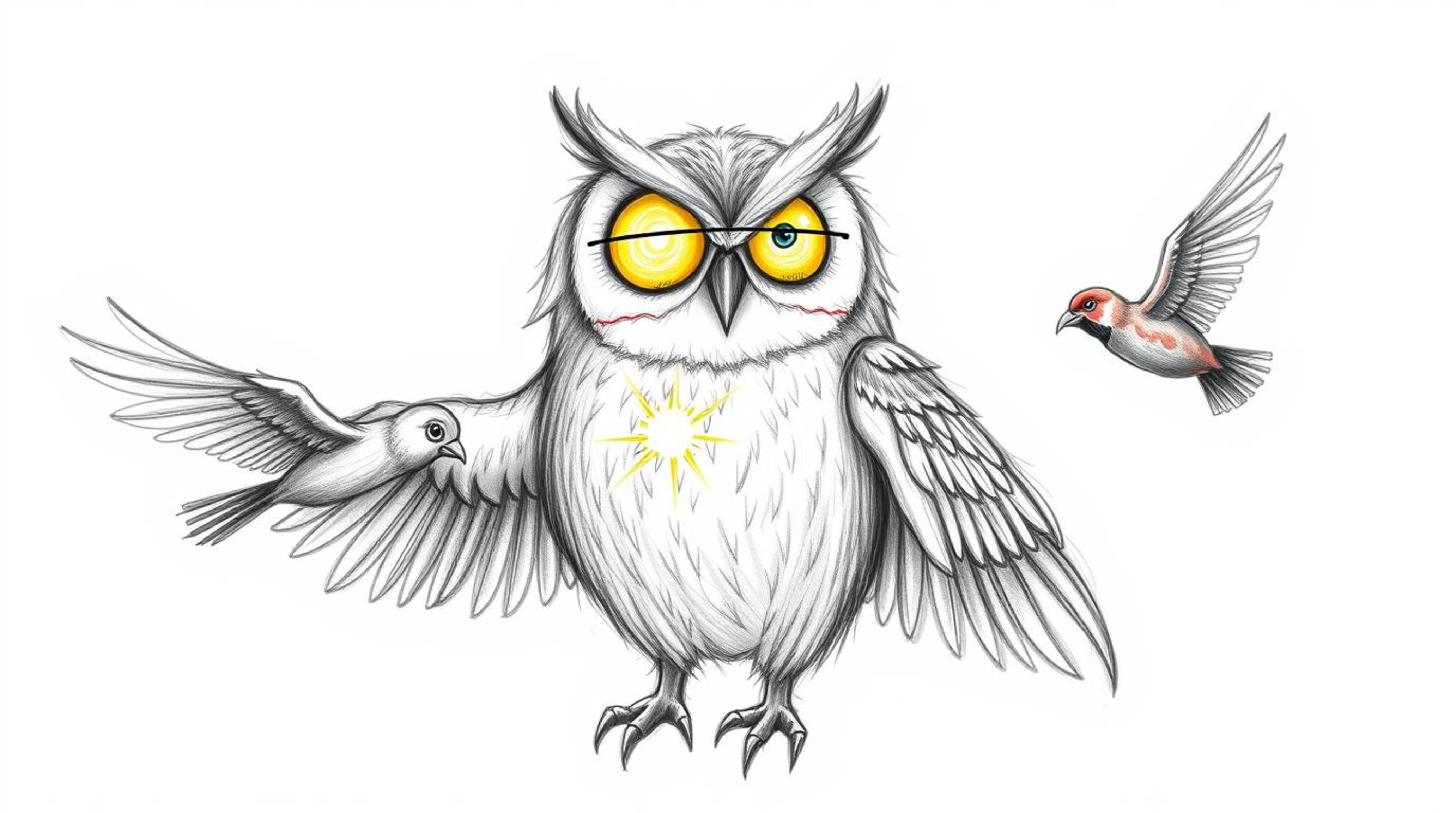 A heartwarming hand-drawn sketch in the style of Pixar depicts a blind owl with sunlit, glowing feathers imparting the wisdom