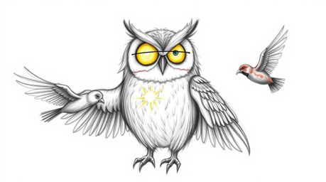 A heartwarming hand-drawn sketch in the style of Pixar depicts a blind owl with sunlit, glowing feathers imparting the wisdom