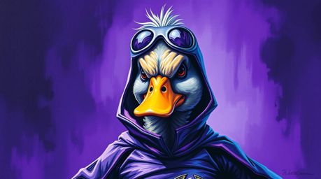 A bold acrylic painting showcasing a duck dressed in a zany superhero costume, creating an eerie and creepy atmosphere throug
