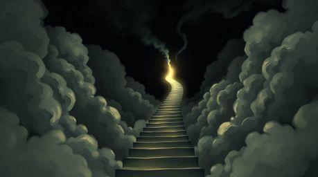 A dark and unsettling illustration featuring a winding stairway of smoke and light rising into a vast, cloudy sky, symbolizin