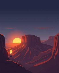 A modern flat design illustration captures a sunset illuminating sandstone cliffs in a canyon, seen from a unique bird’s eye 
