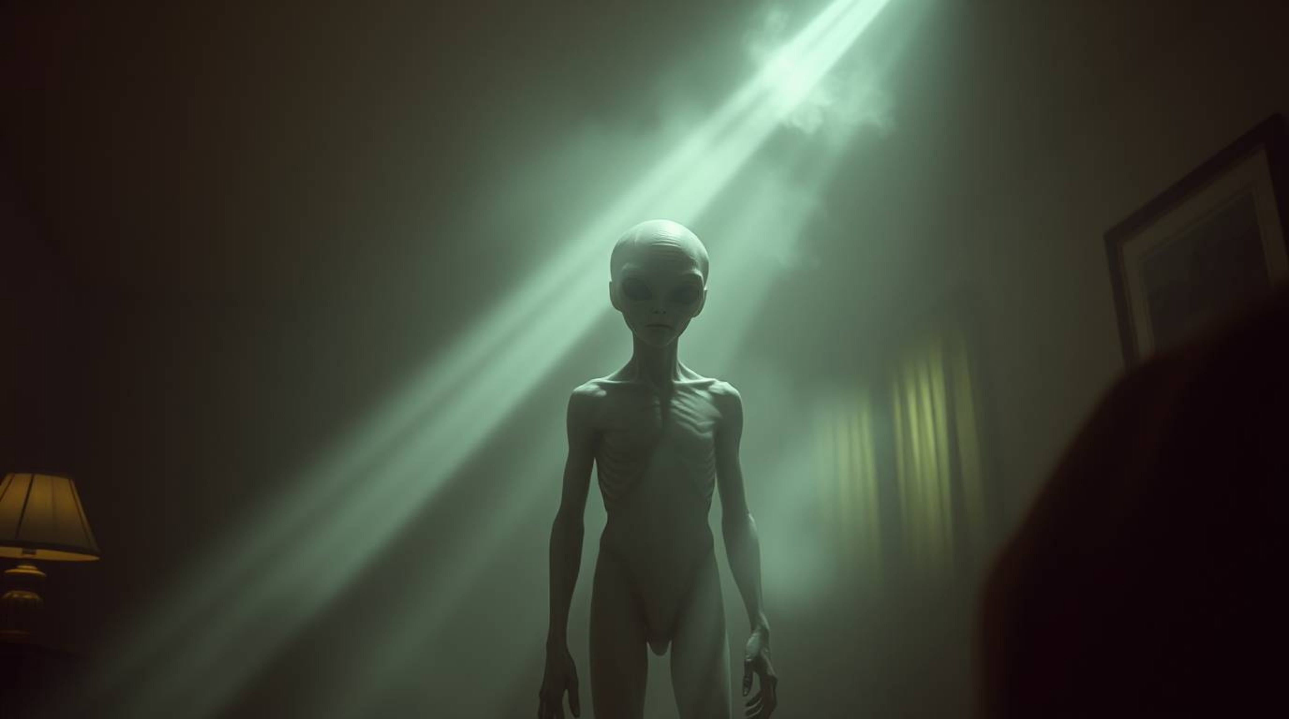 Explore a surreal and captivating scene depicting an alien with translucent skin residing in a typical suburban house.  The i