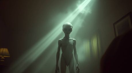 Explore a surreal and captivating scene depicting an alien with translucent skin residing in a typical suburban house.  The i