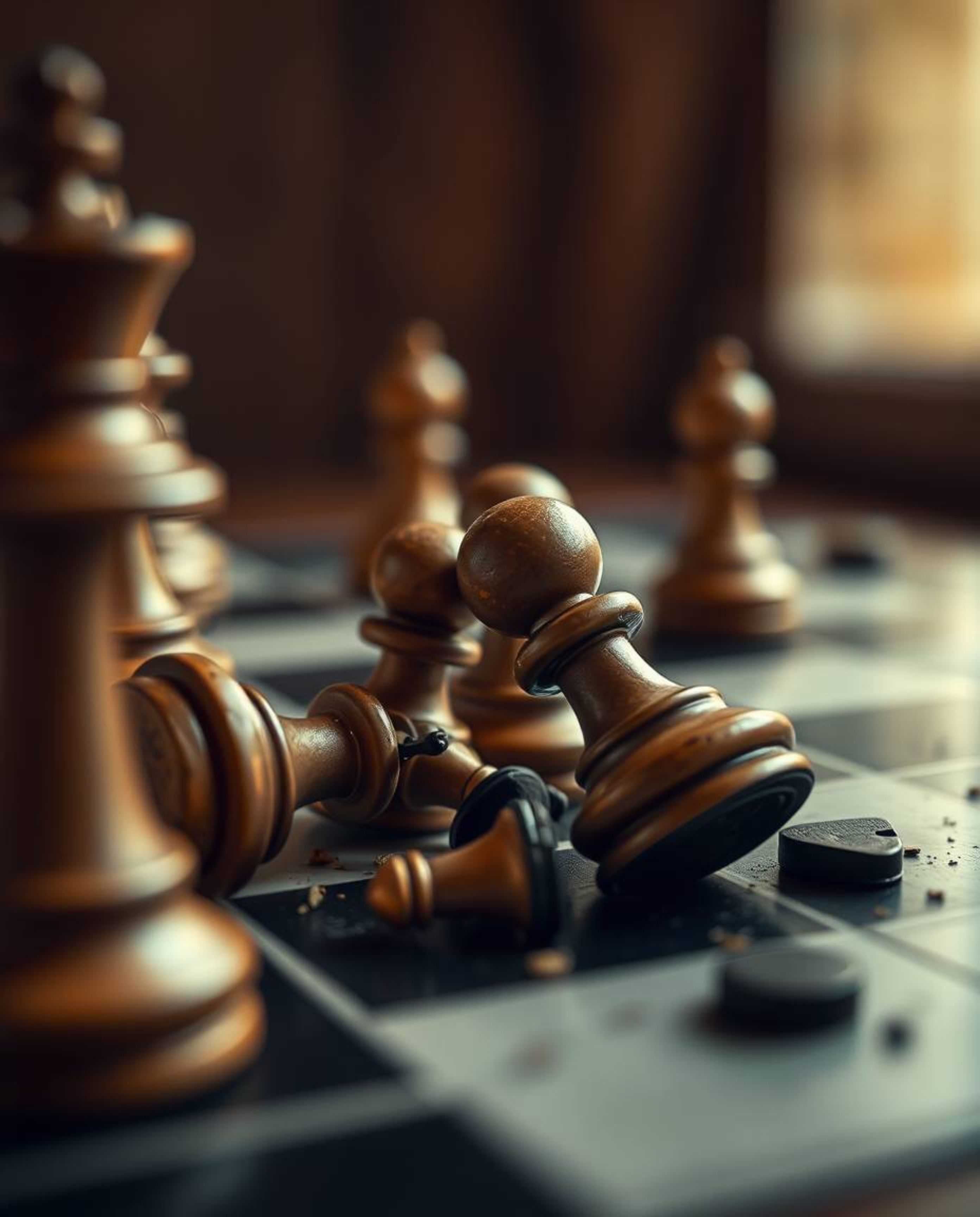 A captivating close-up photograph captures a chessboard in a state of frozen destruction.  Chess pieces hover mid-air, showca
