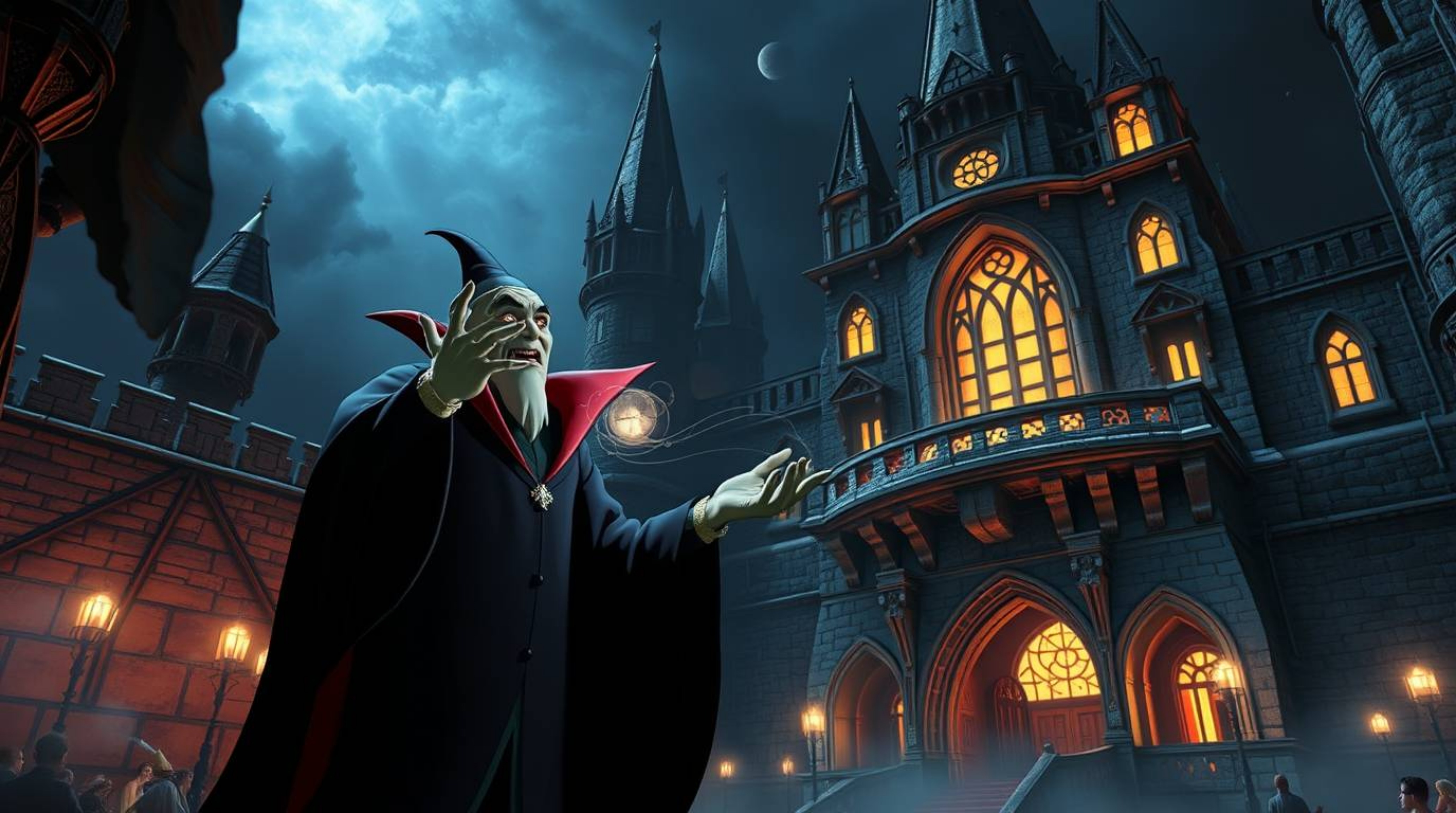 A classic Disney villain conjures a powerful spell within the aged walls of a castle, reimagined in a captivating futuristic 