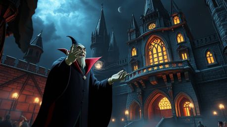 A classic Disney villain conjures a powerful spell within the aged walls of a castle, reimagined in a captivating futuristic 