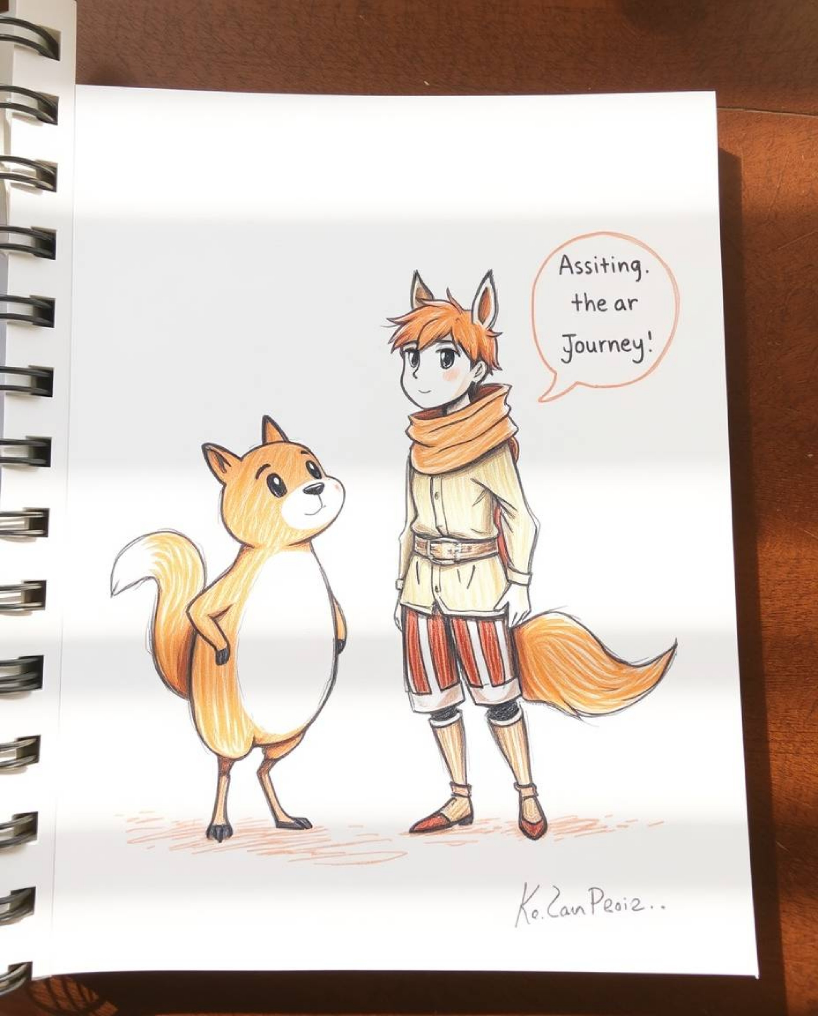 Explore a cozy and earthy hand-drawn sketch featuring a hero embarking on a journey with their talking animal sidekick. The a